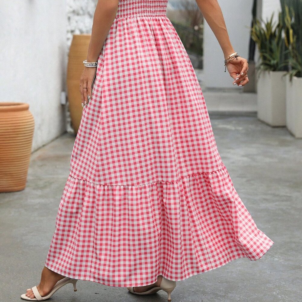 Multicolor Boho Women's Elegant Houndstooth Print Dress With Spaghetti Straps - Picture 2 of 7